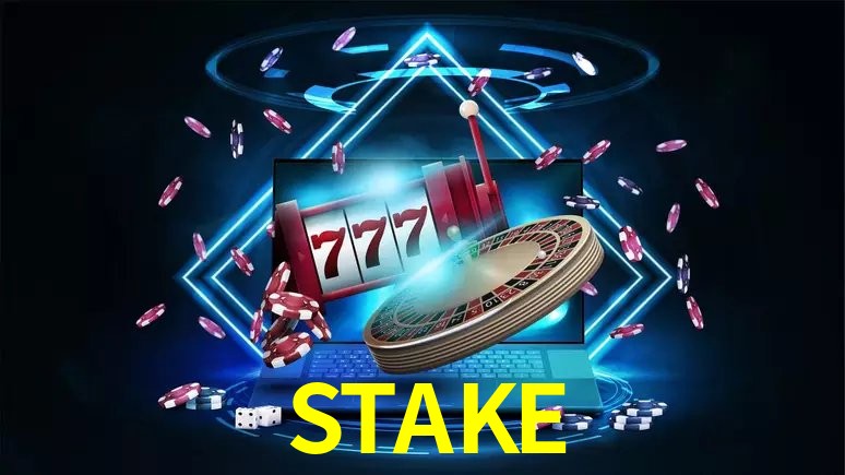 Una escena digital vívida inspirada en casino con STAKE mostrado prominentemente, luces brillantes, fichas, cartas y acentos dorados.