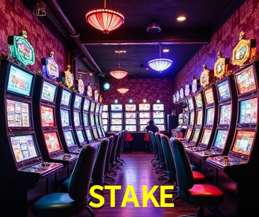 Escena dinámica inspirada en casino con iluminación STAKE, cartas, fichas e íconos de juegos digitales en un espacio moderno de juegos.