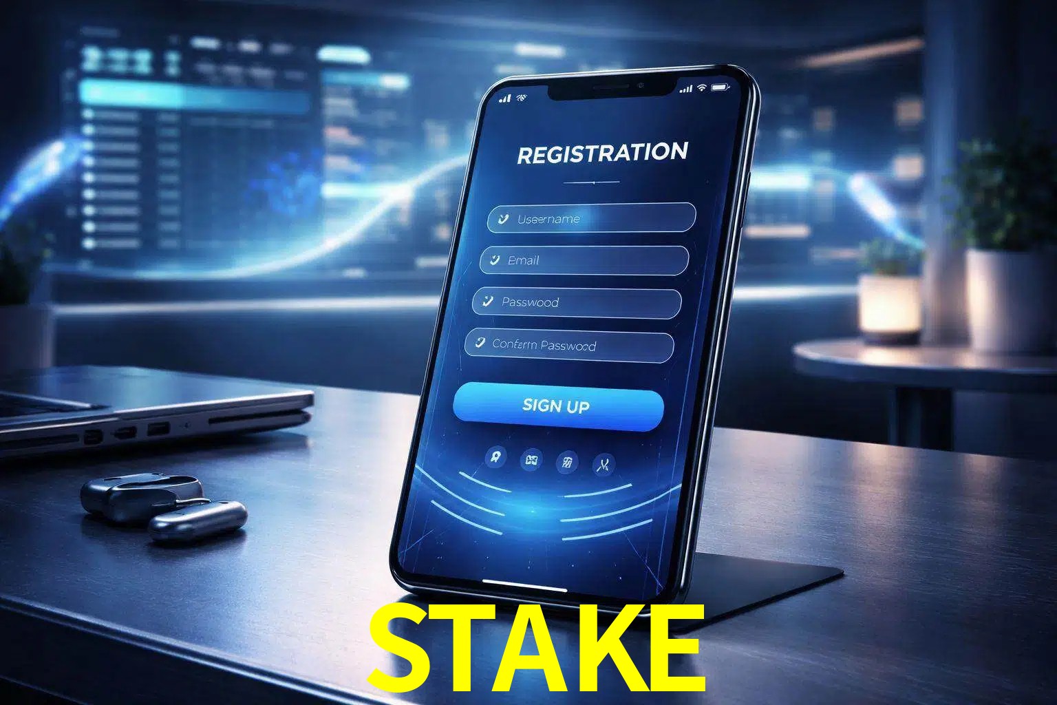 Una interfaz moderna de registro móvil para STAKE mostrada en un smartphone con un panel de apuestas elegante.